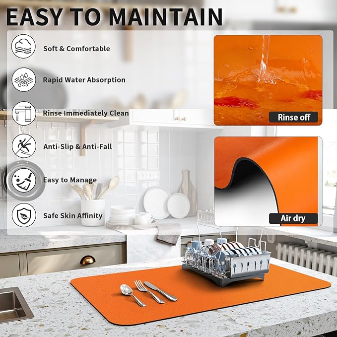 HotLive Dish Drying Mat for Kitchen Counter, Heat Resistant Drainer Mats with Non-slip Rubber Backed, Hide Stain Kitchen Super Absorbent Draining Mat, Easy to Clean Dish Rack Pad, Orange 18"x32"