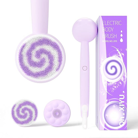 Electric Back Scrubber for Shower Body Brush, Waterproof Shower Body Scrubber for Cleansing, Massaging, Rechargeable Bath Brush for Kids & Adults with 2 Heads & 3 Speed Modes, Taro Purple XY0