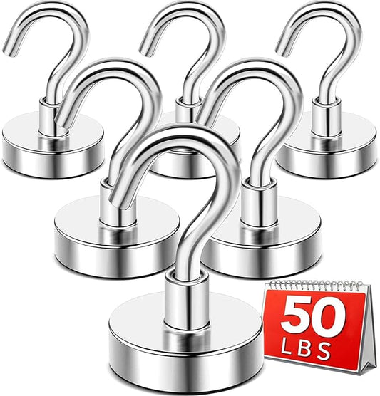 DIYMAG Magnetic Hooks, 50lbs Heavy Duty N52 Rare Earth Magnets with Hook 2026 Cruise Cabin Ship Essentials for Fridge Hanging Classroom Beach Vacation Kitchen Grills Home Must Have 6 Pack