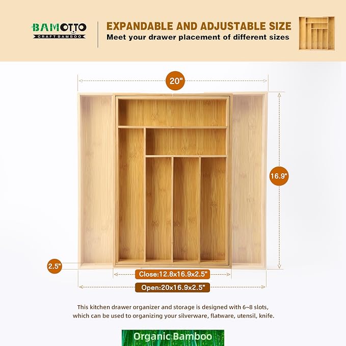 Expandable Bamboo Kitchen Drawer Organizer – Silverware Organizer, Utensil Holder & Cutlery Tray Drawer Dividers for Flatware (20"x16.9" Large Size, 8 Slot, Natural)