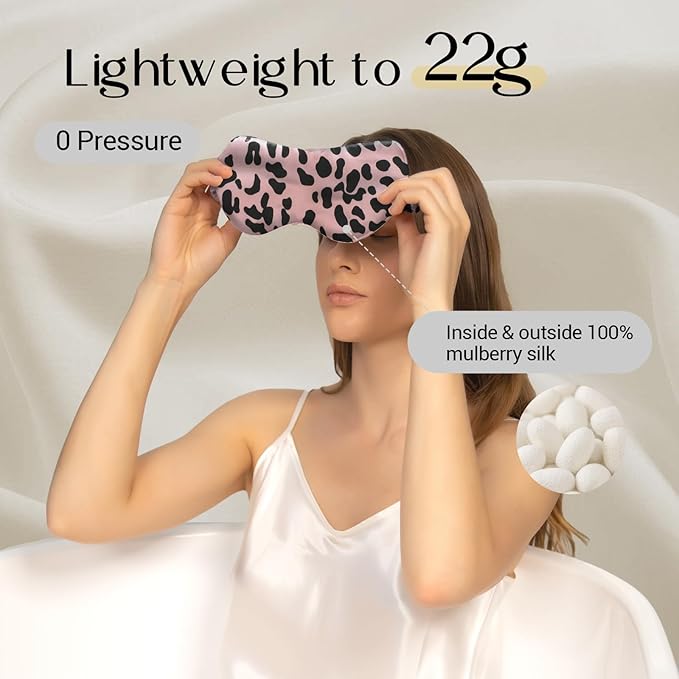 ZIMASILK Adjustable 100% 22 Momme Mulberry Silk Sleep Mask for Sleeping, Filled with Premium Mulberry Silk, Softest & Breathable Eye Sleeping Mask (Leopard - Black Pink)