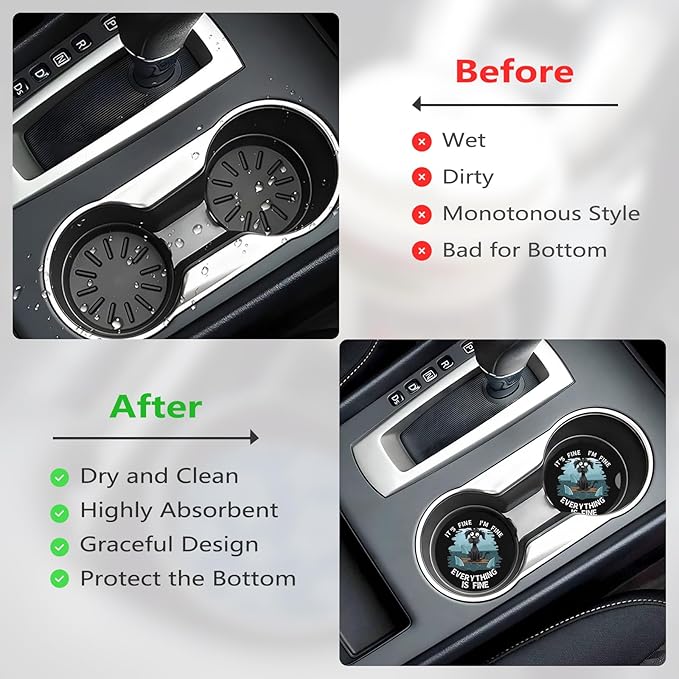 Car Cup Holder Coasters, 2 Pcs Ceramic Coasters with Cork Back and Finger Slot, Anti-Slip Shock Absorbing Women and Men Universal Car Accessories - Fine Dog