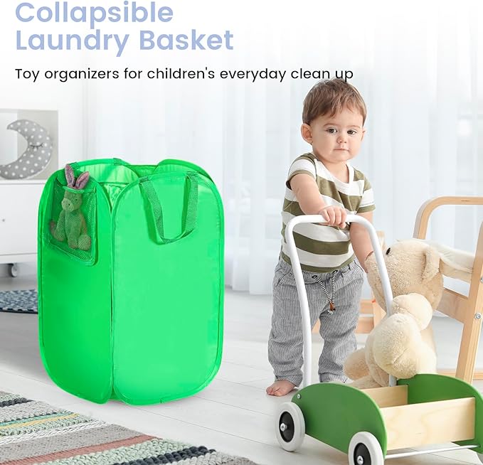 HOUSE AGAIN Upgraded Pop-up Laundry Hamper, Collapsible Laundry Basket with Durable Handles, Solid Bottom, High Steel Frame, Portable Foldable Dirty Clothes Hamper for Dorm, Laundry Room, Travel, Green