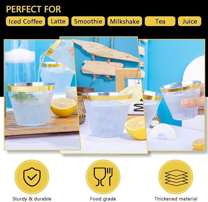 Hioasis 200Pcs 9OZ Clear Cups - Plastic Disposable Cups with Gold Trim, Heavy Duty & BPA-free for Party, Wedding, Reception