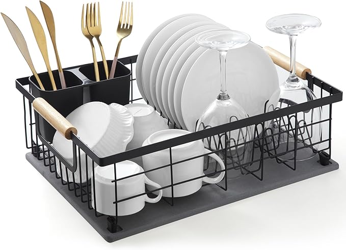 Lalaunicky Dish Drying Rack with Stone Drying Mat, Dish Drainer and Diatomaceous Earth Dish Mat, Dish Drainers for Kitchen Counter with Stone Dish Mat