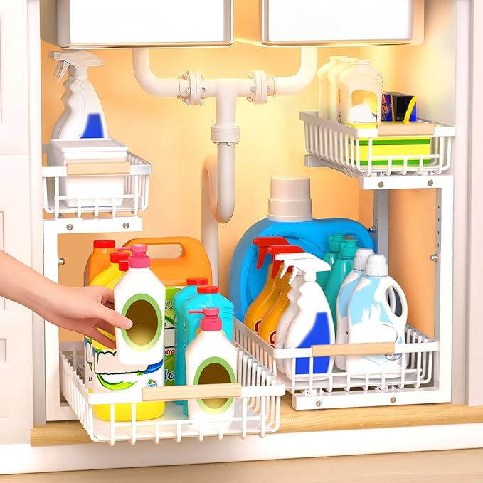 ZELOREA Under Sink Organizer, 2-Tier Pull-Out Under-Sink Shelves, Adjustable Height (13.8" -16.9"), Sturdy Metal Storage Organizer for Bathroom Kitchen Pantry Cabinet (2 Packs, White)