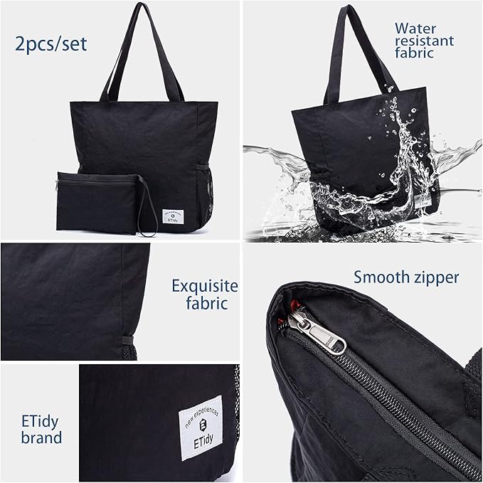 ETidy Large Capacity Foldable Tote Bag With Zipper Water-resistant Sandproof Women Beach Bag Handbag Gym Bag Travel Shopping Bag