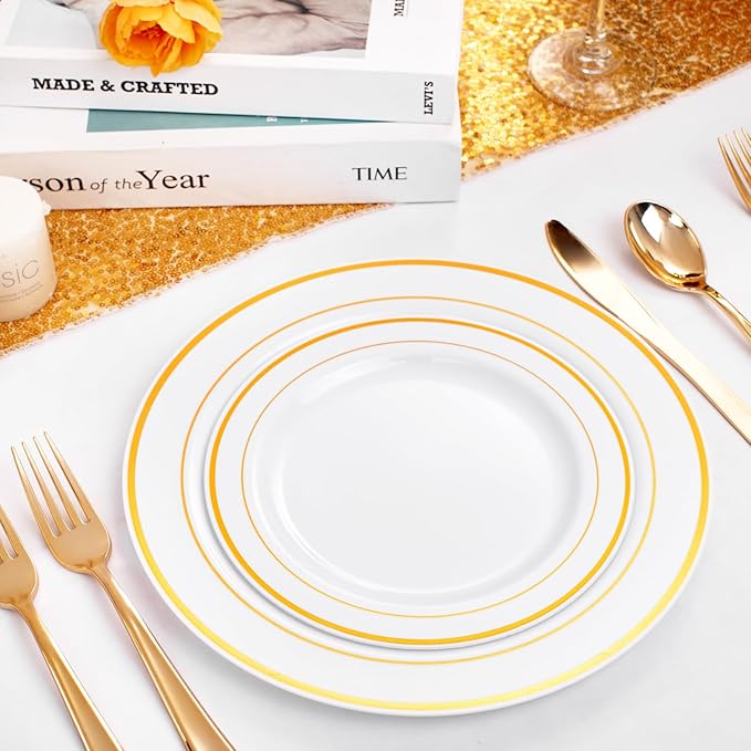FLOWERCAT 60PCS Gold Plastic Plates - Heavy Duty White and Gold Plastic Plates Disposable for New Year Party/Wedding - Include 30PCS 10.25" Dinner Plates and 30PCS 7.5" Dessert Plates