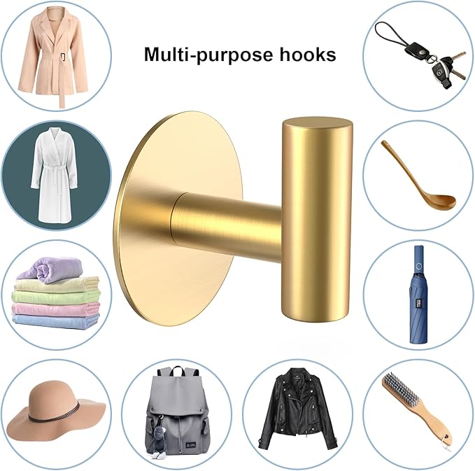 VINHOLD Gold Stainless Steel Wall Hooks, Heavy Duty Self-Adhesive Hooks for Coats, Towels, Robes, Hats, Aprons – No Drill Bathroom, Kitchen, Hotel (2 Pack)