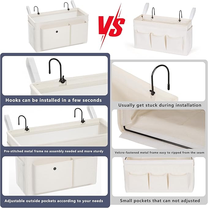 Bedside Caddy Bedside Organizer with Fixed Straps & Water Bottle Holder, Bunk Bed Caddy ideal for Home, Dorm, Hospital, Crib, Versatile Bedside Storage Solution (White 2pcs)