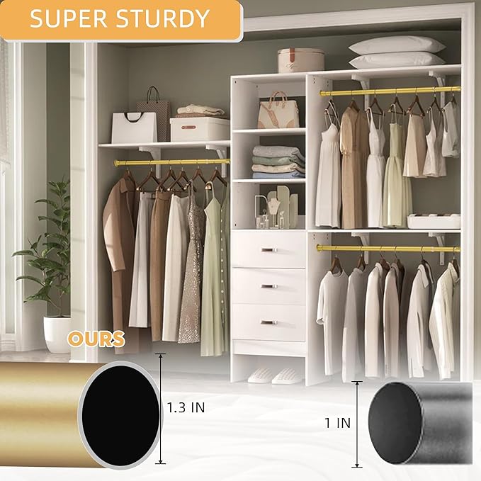 1.3 Inch Diameter Closet Rods for Hanging Clothes 17-87 Inch Adjustable, Metal Heavy Duty Closet Pole, Gold Closet Bar for Hanging Clothes, Suitable for Closet, Wardrobes, Bathroom, Windows