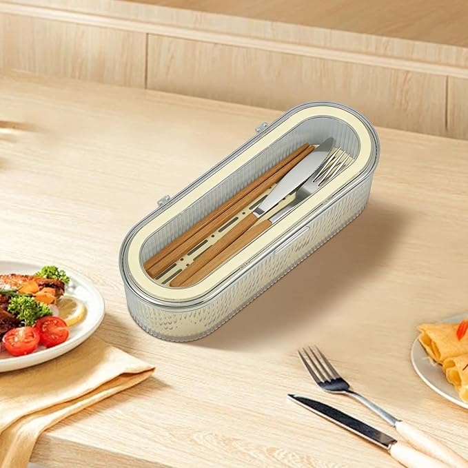 Flatware Tray with Lid, Silverware Tray Kitchen Cutlery Tray and Utensil Storage Container for Flatware and Silverware (Transparent Ripple)