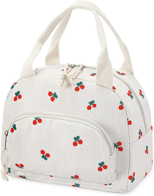 Lunch Bag Women Lunch Box for Women Adult Cute Insulated Lunch Bag Small Cooler Lunch Tote Bags for Work Picnic Travel (Beige-Cherry)