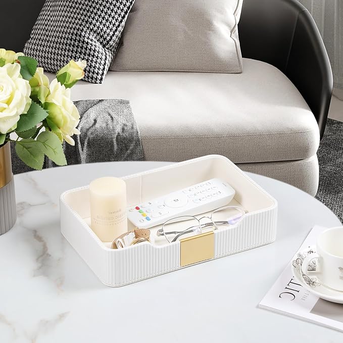 Valet Tray Desktop Storage Organizer, PU Leather Catchall Bedside Vanity Tray with Brass Accents Block Nightstand Organizer for Keys Watch Wallet Phone, Decorative Nightstand Storage (White)