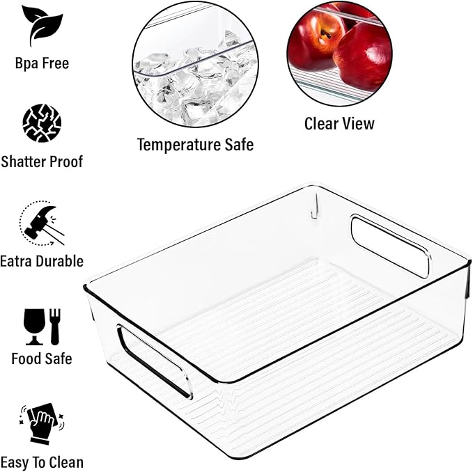 Clear Plastic Storage Bins, Pantry Organizers and Storage or Kitchen Organization and Storage Containers Bins for Organizing, Fridge, Freezer, Bathroom, Pantries, Refrigerator, Cabinet Organizer Bin