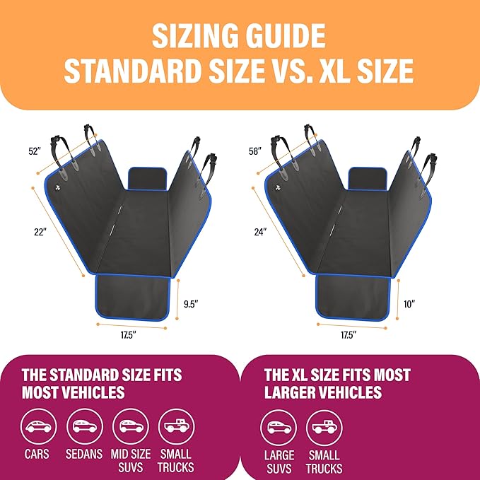 Active Pets Waterproof Hammock Standard Car Seat Cover, Fits Sedans Hatchbacks Crossovers Coupes Compact Vehicles, Secure Convertible Travel Bed Protects Backseat Cargo from Dogs, Black w/Blue Trim