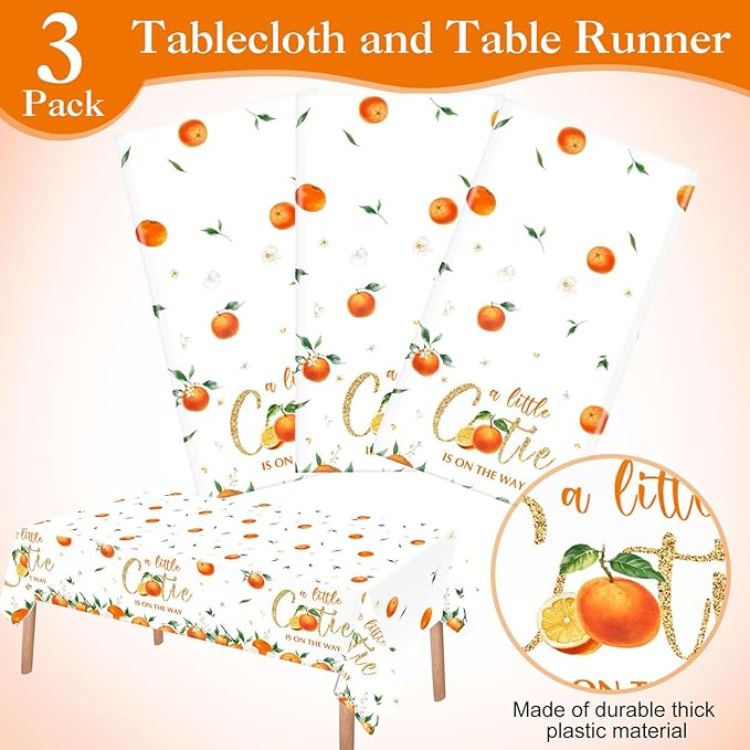 Ganeen 3 Pcs Little Cutie Baby Shower Tablecloth Disposable Plastic Tangerine Tablecloth Little Cutie Is on the Way Table Cover for Baby Shower Decor Orange Fruit Birthday Party Supplies 54 x 108 Inch