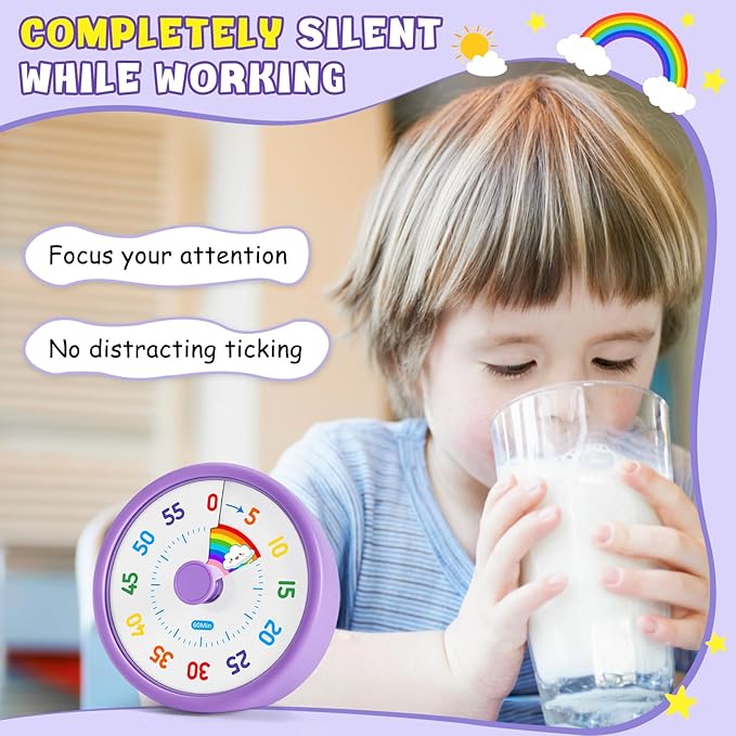 HIPPIH Visual Timer for Kids, 60 Minute Countdown Timers for Classroom Kitchen Office, Rainbow Disk Desk Timer Clock with Silent Operation, Pomodoro Timer Time Management Tools for Toddler ADHD Purple