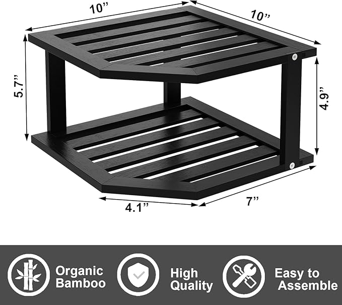 Bamboo Corner Shelf(2 Pack),2 Tier Plate Organizer for Cabinet and Countertop,Pantry Dish and Spice Rack for Kitchen(Black)