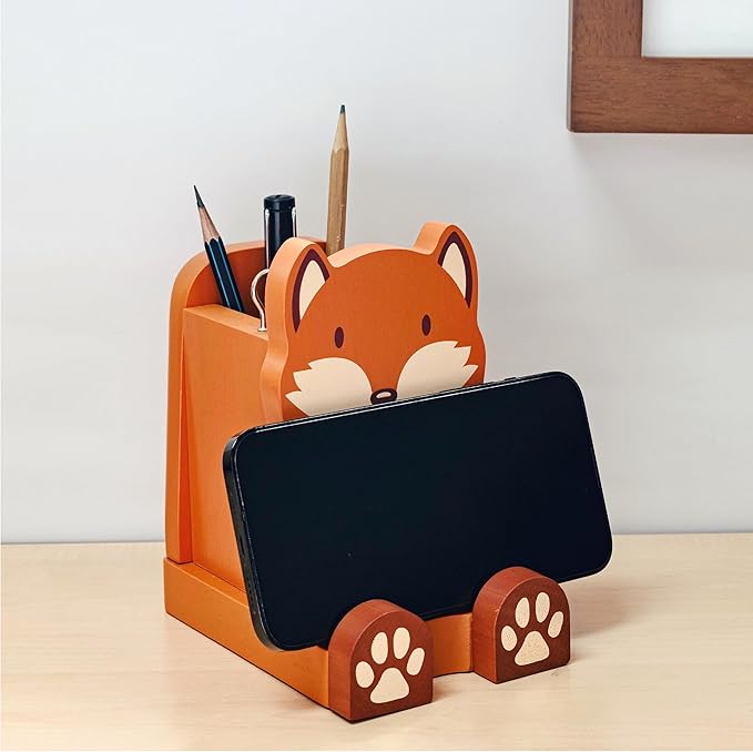 I'm a Solid Wood Multipurpose Eyeglass, Phone, Pen, and Pencil Holder Stand. I'm a Stationery Desk Box Organizer Accessories Decor, a Cute Home Office Desktop Decoration, and a great Birthday or Graduation Gift for Fox Lovers. (Fox)