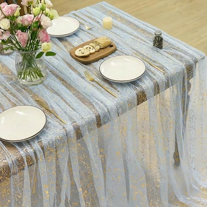 Horaldaily Blue Gold Gauze Tablecloth 60x104 Inch Rectangular, Golden Sequin Glitter Metallic Foil, Sheer Tulle Cheesecloth for Wedding Baby Shower Ceremony Birthday