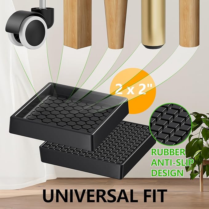 Non Slip Furniture Pads - 2x2 Anti Skid Caster Cups, 12PCS Square Furniture Coasters for Hardwood Floors, Anti Slide Furniture Cup Bed Floor Protectors, Furniture Stoppers to Prevent Sliding(Black)
