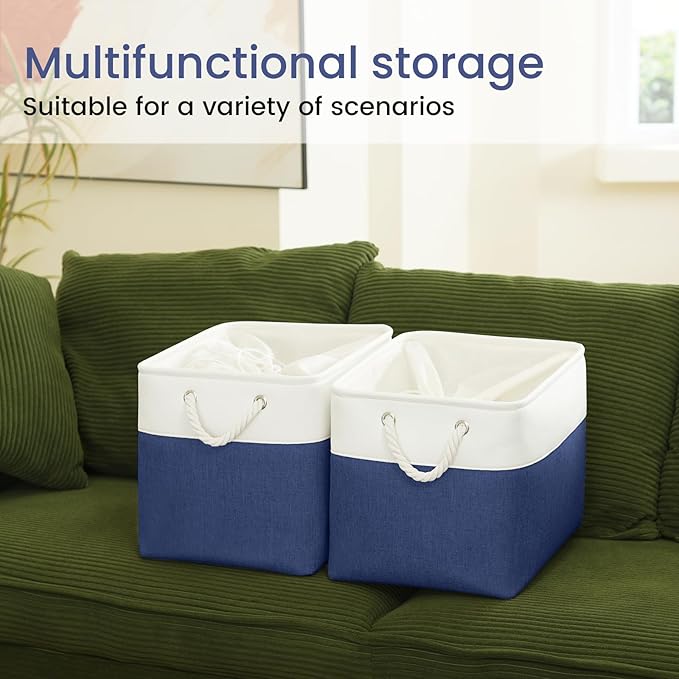 VQRTEXA Large Storage Baskets- 16x12x12 inch Storage Bins for Shelves and Closet Organizing, Foldable Fabric Bin for Home Organization Clothes and Laundry (1-Pack, White&Blue)