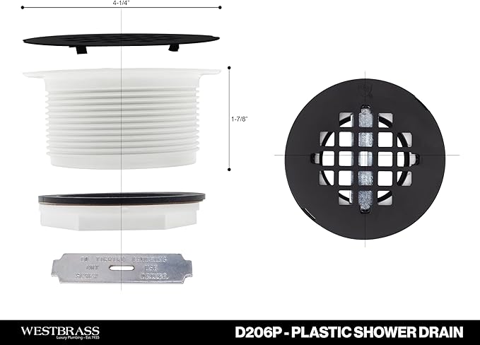 Westbrass A206P-01 2" No-Caulk PVC Compression Shower Drain with 4-1/4" Round Grid Cover, Polished Brass