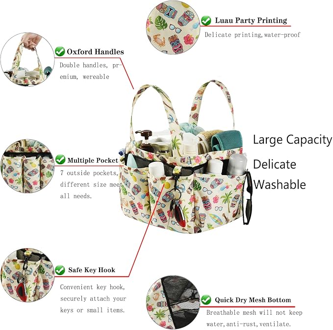 Haundry Portable Mesh Shower Caddy Bag, Large Basket Organizer with Key Hook for College Dorm Bathroom Camp Gym, Hanging Tote Bag with 8 Pockets (Luau Style)