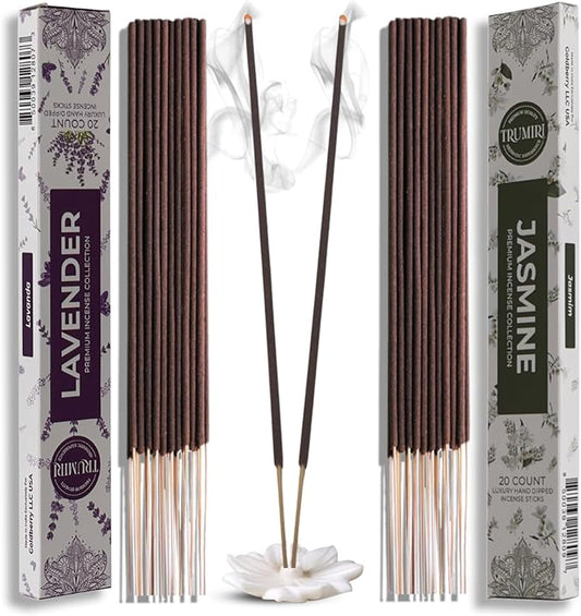Trumiri Incense Sticks - Combo Pack of 40 Insence-Sticks - 20 Lavender + 20 Jasmine - Insenses - Insents - Incents - Inscense - Incence - Incienso - All Natural Incense Sticks