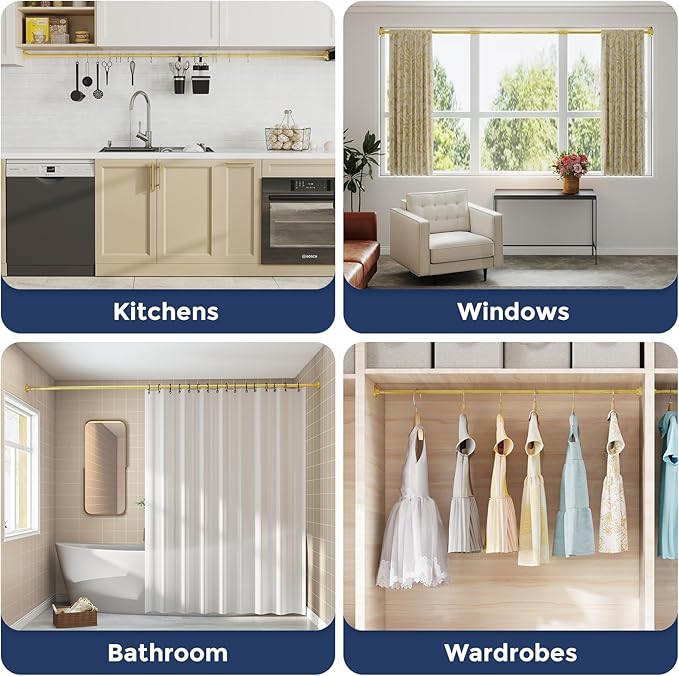 AIZESI 1Pack Tension Curtain Rod 32 to 64 Inch No Drilling Adjustable Spring Loaded Curtain Rods for Window Bedroom Doorway Closet, Gold