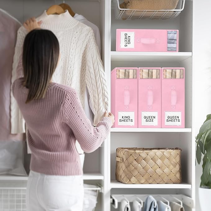 2 Pack Bed Sheet Closet Organizers and Storage,Sturdy Foldable Storage Containers with Window and Label,Storage and Organization for Bedding Sheets,Duvet Covers,Blankets (Pink)