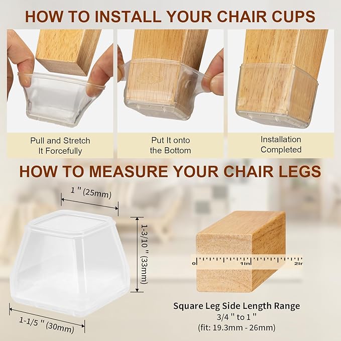 28Pcs Square Chair Leg Floor Protectors, Silicone Chair Feet Caps to Protect Carpets and Felt Pads Furniture Leg Caps Covers from Scratches and Noise(Clear, Small Fit:0.76"-1.02")