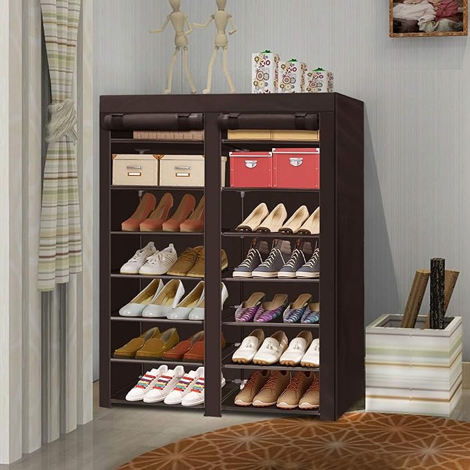 ERONE Shoe Rack Storage Organizer, 28 Pairs Portable Double Row with Nonwoven Fabric Cover Shoe Shelf Cabinet for Closet