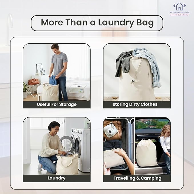 LFH Home Cotton Canvas Large Laundry Bag with Handle, Heavy Duty Drawstring Closure Washable Laundry Bags, School Travel, Home, Hotel, College Dorm, Organizer Sack, Toy Clothes 28x40 (Pack of 2)-White