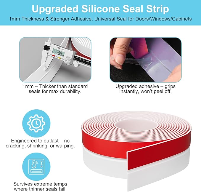 Heavy-Duty 20 ft x 1 in Weather Stripping, Door Draft Stopper Silicone Seal Strip for House and Glass Shower Doors for Collision and Side Gaps of Door and Windows, White