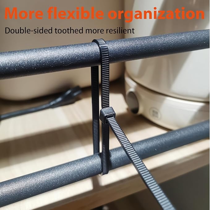 8 Inch Zip Ties Double Sided Toothed (Bulk 1000 Pack Black), 65lbs Tensile Strength Heavy Duty Cable Wire Ties with Self-Locking Adjustable Nylon Tie Wraps for Indoor Outdoor (Patented Design)