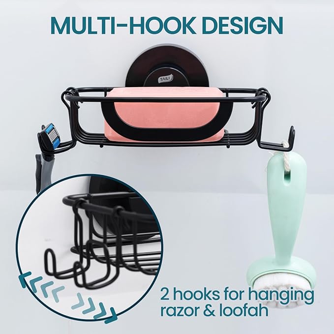 TAILI Soap Bar Holder Dish with Hooks, Shower Soap Tray Saver Suction Cup with Razor Holder for Wall, Rustproof Stainless Steel Bath Shampoo Caddy for Bathroom Accessories Organizer, Sink, Black