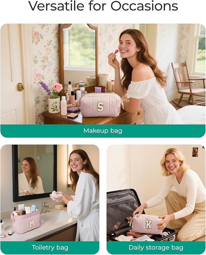 BAGSMART Birthday Gifts Personalized Initial Makeup Bag, Trendy Stuff Gifts for Women Bridesmaid Graduation, Puffy Padded Make Up Bags for Women, Wide-open Toiletry Bag, Pink L