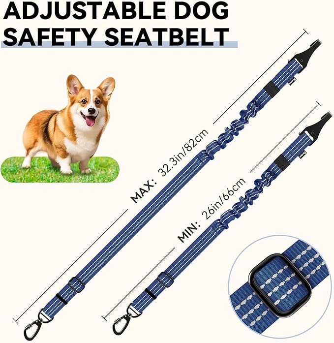Pawaboo 2Pack Dog Seatbelt for Car, 3-in-1 Dog Car Seat Belt, Shockproof Dogs Tether with Buckle & Hook Latch, Adjustable Reflective Dogs Cars Harness Leash with 360° Lockable Buckle, Indigo/Black