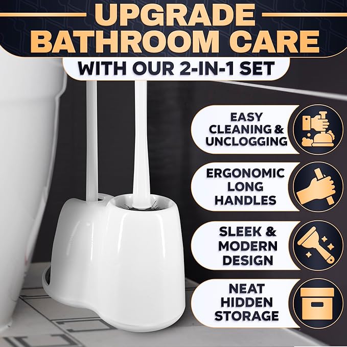 2-in-1 White Toilet Brush and Plunger Set with Holder – Compact Bathroom Cleaning Combo, Strong Rubber Plunger & Stiff Bristle Brush, Space-Saving Stand, Fits Most Standard Toilets, 9.3×6.3×15.2 inch