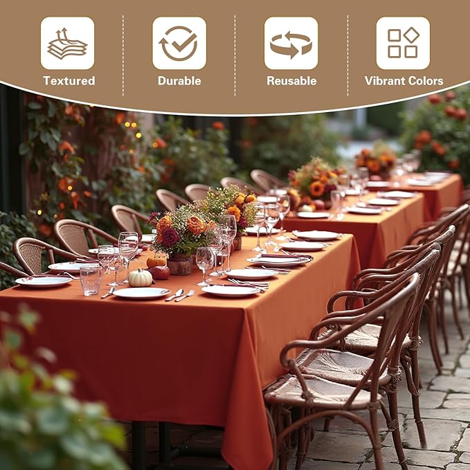sancua Thanksgiving Tablecloths for 8 Foot Rectangle Tables, 6 Pack Burnt Orange - Washable Polyester Fabric Fall Table Cloth for Holiday Party, Birthday, Banquet Reception, 60x120 Inch Rust