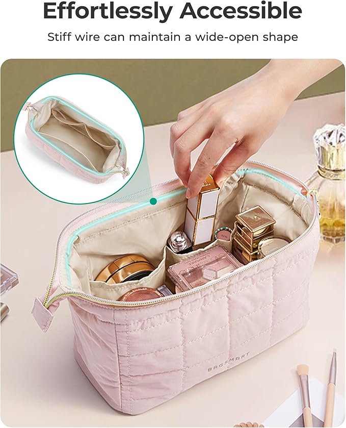 BAGSMART Makeup Bag Travel Toiletry Bag, Puffy Padded Makeup Bags for Women Makeup Organizer Case, Wide-open Pouch Purse Travel Essentials Toiletries Accessories Brushes, Black