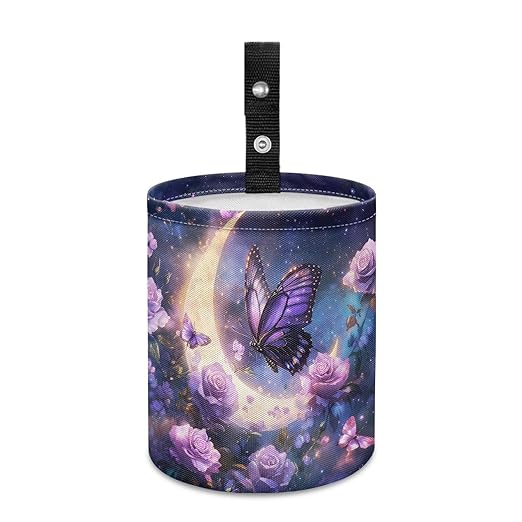 gearider Butterfly Car Garbage Can Small Trash Can with Leak Proof Inside Liner and Hanging Strap Moon Waste Basket Purple Car Garbage Accessory