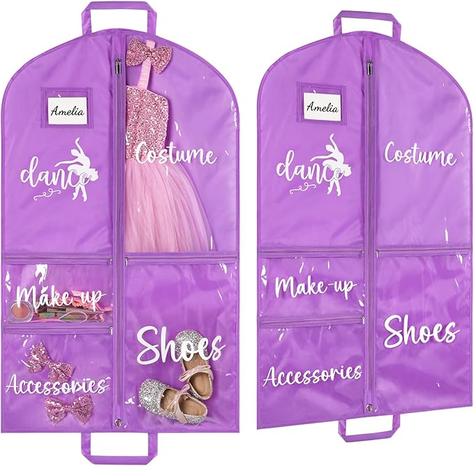 DEEKA Dance Garment Bag for Hanging Clothes with Zipper Pockets Dance Accessories Essentials Uniform Costume 40 Inch Dress Bags for Dance Competition Girls (Purple, White-Dance)
