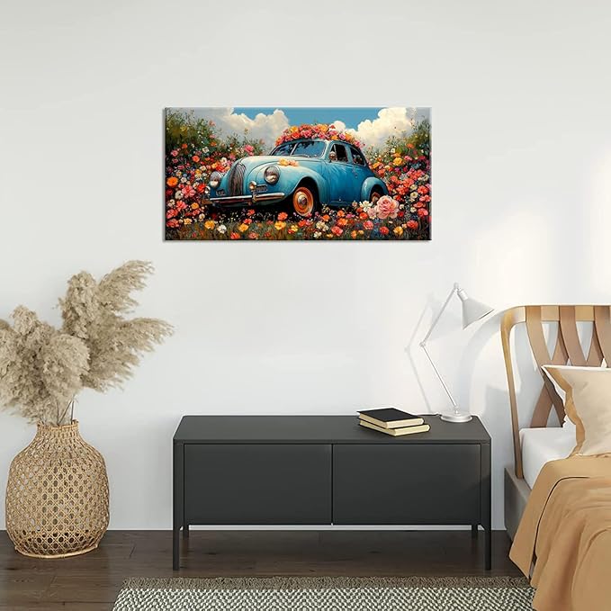 ZESTRILIA Car Wall Art Flower Canvas Paintings Old Shabby Garden Floral Artwork Rustic Landscape Picture for Country Farmhouse Living Room Bedroom Home Office Kitchen Décor (23x46inch)