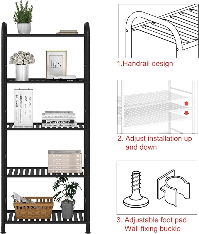 JSB 5-Tier Adjustable Shelving Unit, Heavy Duty Storage Rack Organizer, Metal Corner Shelf for Kitchen, Living Room, Laundry, Pantry, Bathroom (Black, 5 Tier)…
