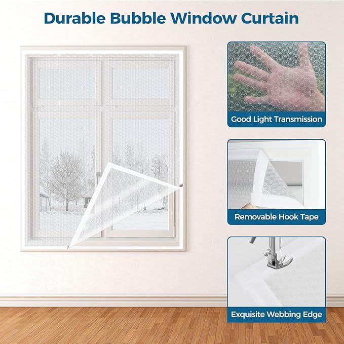 Window Insulation for Winter, Curtain Size 46 Inch x 62 Inch, Thermal Insulated Plastic Bubble for Winterizing, Fits to 44" x 60" Window to Keep Warm