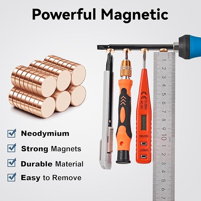 SMARTAKE 45 Pcs Refrigerator Magnets, 10x2.6mm Small Round Fridge Magnets, Multi-Use Premium Neodymium Office Magnets for Fridge, Whiteboard, Billboard in Home, Kitchen, Office and School (Rose Gold)