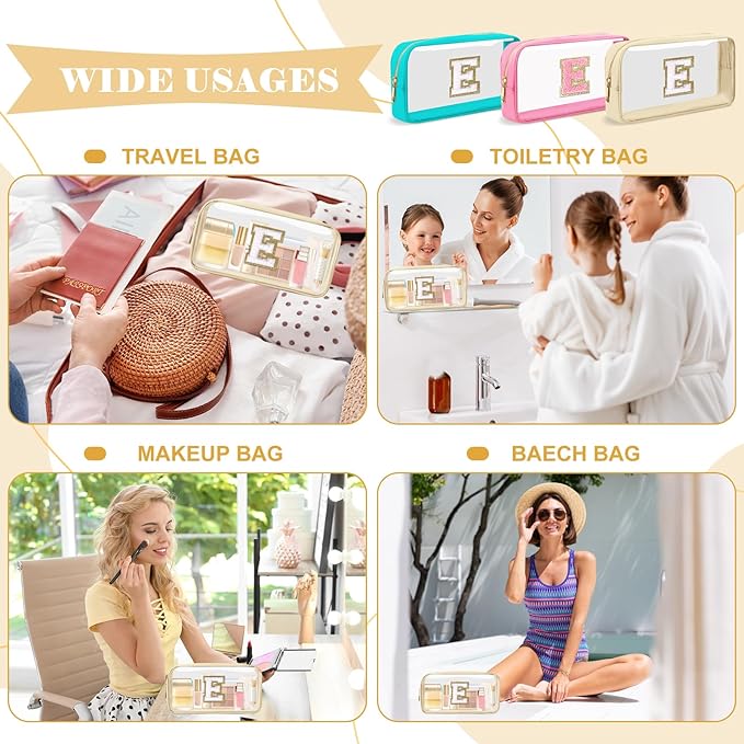 Personalized Initial Letter Clear Makeup Bag,Small Nylon&PVC Cosmetic Zipper Bag with Chenille Letter,Portable Beach Travel Skincare Toiletry Bag,Trendy Monogram Gift for Teen Girls Women,E